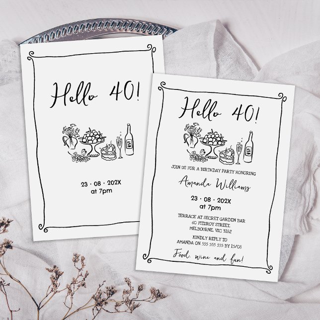 Convite Aniversário de 40 anos de Desenho da Mão Negra Whi (Whimsical Hand Drawn Hello 40 Birthday Invitation, Any Age Whimsical Birthday Invitation, Food Drink)