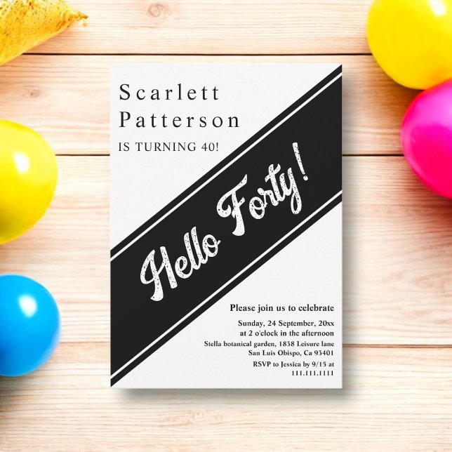 Convite Aniversário de 40 anos de Elegante Branco e Preto- (Criador carregado)