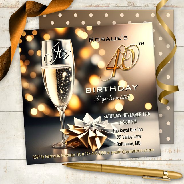 Convite Aniversário de 40 anos de Espontamento Festivo (Chic and festive 40th birthday party invitation featuring a sparkling beverage on a bokeh background)