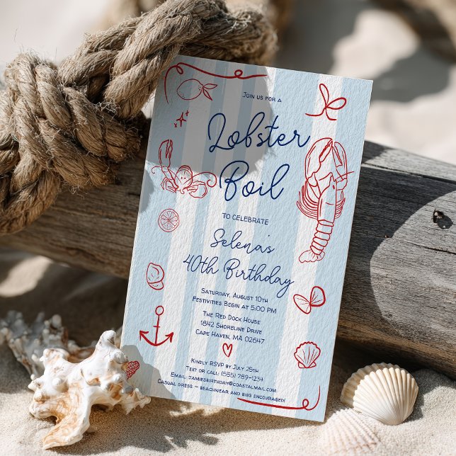Convite Aniversário de 40 anos de fermento de lavagante ve (Retro Red and Blue Fun Lobster Boil 40th Birthday Invitation)