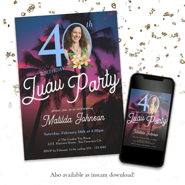 Convite Aniversário de 40 anos de Festas Personalizadas Mo (Fun 40th Birthday Luau Party Modern Custom Photo Invitation)