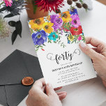 Convite Aniversário de 40 anos de Florais Brilhantes<br><div class="desc">Convites florais brilhantes e ousados que podem ser personalizados para qualquer idade. Design apresenta letras de escrita de caligrafia,  flores pintadas manualmente de aquarela com folhagem verde e um clássico modelo de aniversário elegante que é fácil de personalizar.</div>