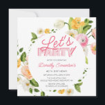 Convite Aniversário de 40 anos de Flores Amarelas Colorida<br><div class="desc">Um primavera floral quadrado colorida e festivo começa com o Vamos! A tipografia rosa de duas tonalidades complementa as flores cor-de-rosa no quadro. Pop de amarelo dão em uma vibração de primavera. Folhas verdes profundas e folhagem completam a estrutura botânica redonda. Design moderno e simples dá o tom para um...</div>