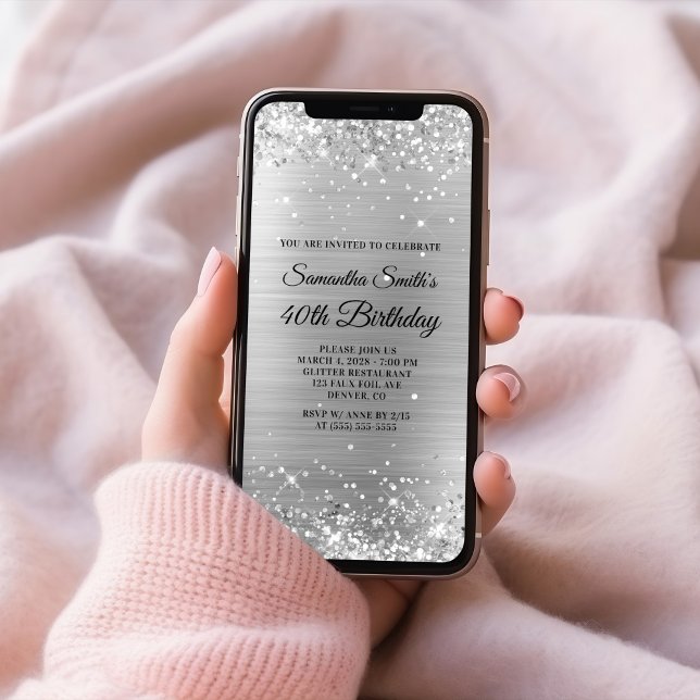 Convite Aniversário de 40 anos de folha de prata escovada  (Glittery Brushed Silver Foil 40th Birthday Invitation)
