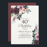 Convite Aniversário de 40 anos de Folhas Florais Rosa-Blus<br><div class="desc">Burgundy elegante e floral cor-de-água cor-de-rosa-claro com folhas verdes sábias em convite de festas branco com uma letra elegante de escrita de caligrafia.</div>