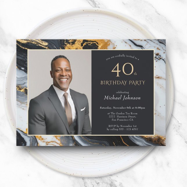 Convite Aniversário de 40 anos de Foto de Agate Dourado El (Elegant Black Gold Agate Photo 40th Birthday Invitation)