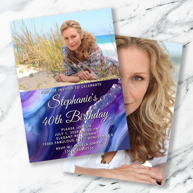 Convite Aniversário de 40 anos de Foto Elegante de Agato R (Blue Purple Agate Elegant Photo 40th Birthday Invitation)