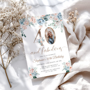 Convite Aniversário de 40 anos de Foto Floral Azul e Rosa