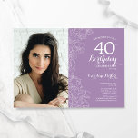 Convite Aniversário de 40 anos de Foto Floral Purple Lavan<br><div class="desc">convite de festas lavanda floral roxo aniversário de 40 anos com sua foto na frente da placa. Elegante design moderno com desenhos botânicos desenhados em destaque e letra de script de tipografia. Simples trendy convida cartão perfeito para uma festa de na moda. Pode ser personalizado para qualquer idade. Impressos convites...</div>