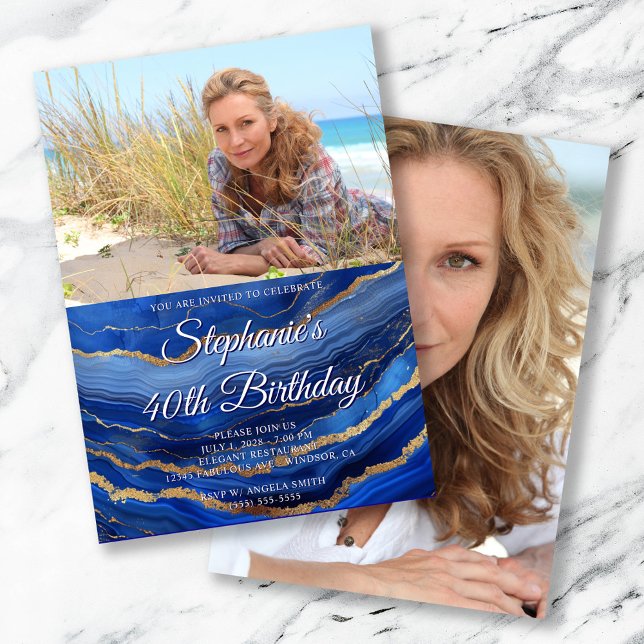 Convite Aniversário de 40 anos de Fotografia Elegante do A (Royal Blue Gold Agate Elegant Script 40th Birthday)