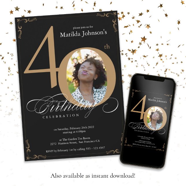 Convite Aniversário de 40 anos de Fotografia Elegante Dour (Black Gold Elegant Calligraphy Photo 40th Birthday Invitation)