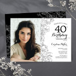 Convite Aniversário de 40 anos de Fotografia Floral Branca<br><div class="desc">Convite de festas floral branco preto com sua foto na frente da placa. Elegante design moderno com desenhos botânicos desenhados em destaque e letra de script de tipografia. Simples trendy convida cartão perfeito para uma festa de na moda. Pode ser personalizado para qualquer idade. Impressos convites Zazzle ou modelo de...</div>