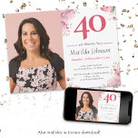 Convite Aniversário de 40 anos de Fotografia Personalizada<br><div class="desc">Convite para aniversário de 40 anos de Fotografia Personalizada Cor Floral Floral de Água. Mergulhe numa delicada mistura de tons de aquarela, predominantemente rosa, e intrincados detalhes florais que formam uma tapeçaria caprichosa de elegância. Elevem o toque pessoal com uma foto personalizada, tecendo perfeitamente memórias devoradas no design do convite....</div>