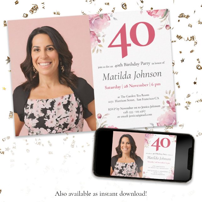 Convite Aniversário de 40 anos de Fotografia Personalizada (40th Birthday Watercolor Floral Pink Custom Photo Invitation)