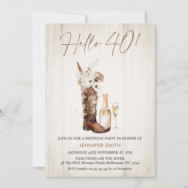Convite Aniversário de 40 anos de Garrafa de Boot Rustic F (Frente)