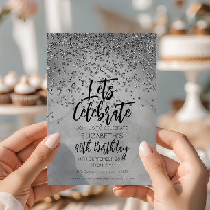 Convite Aniversário de 40 anos de Glitter de Prata Chic