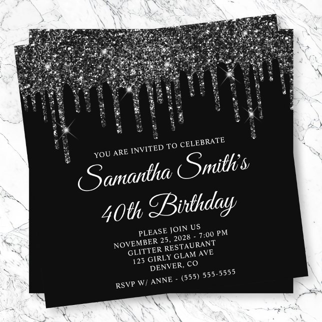 Convite Aniversário de 40 anos de Glitter Preto (Black Glitter Drips 40th Birthday Invitation)