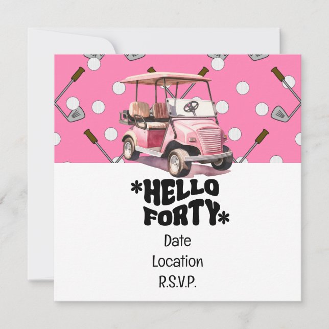 Convite Aniversário de 40 anos de golfe com golfe rosa (Frente)