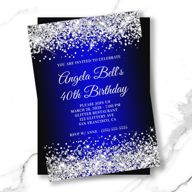 Convite Aniversário de 40 anos de Gradação Azul Preto-Bril (Silver Glitter Black Blue Gradient 40th Birthday Invitation)