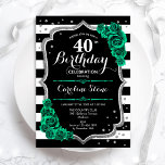 Convite Aniversário de 40 anos de Grelhas Pretas e Brancas<br><div class="desc">Convite de festas aniversário de 40 anos. Elegante design verde-esmeralda floral com prata brilhante e rosas. Apresenta faixas pretas e brancas e fontes de script. Perfeito para uma comemoração de dia das mulheres na moda. Pode ser personalizado para qualquer idade! Impressos convites Zazzle ou modelo de impressão digital instantânea para...</div>