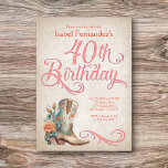 Convite Aniversário de 40 anos de Inicializações Ocidentai<br><div class="desc">Peguem suas cabines para uma noite de excelente com este convite de aniversário de oeste do país! Possui uma linda bota de vaqueira e flores, juntamente com caligrafia vintage. Perfeito para sua vaqueira favorita ou fã de música country em seu aniversário de 40 anos. Solicite seus convites impressos e suprimentos...</div>