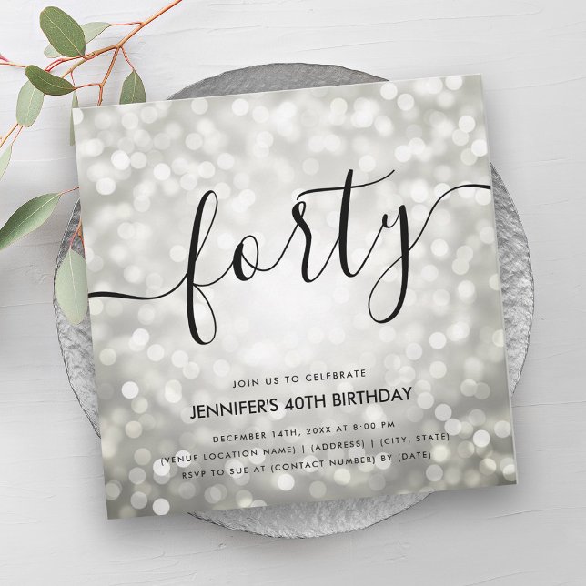 Convite Aniversário de 40 anos de Luzes Leves do Prata Mod (Modern Silver Glitter Lights 40th Birthday Invitation)