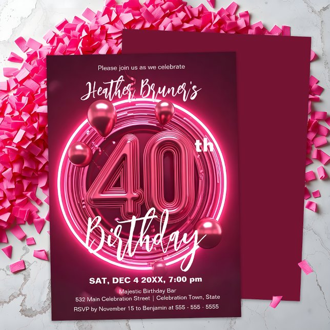 Convite Aniversário de 40 anos de Neon Rosa Vibrante com B (Criador carregado)
