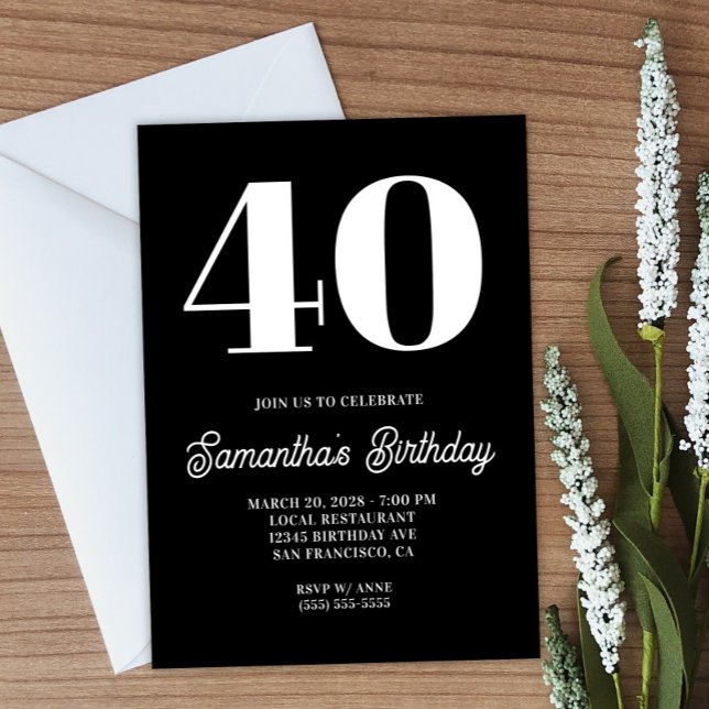 Convite Aniversário de 40 anos de Números Grande Preto e B (Create your own bold number birthday invitation.)