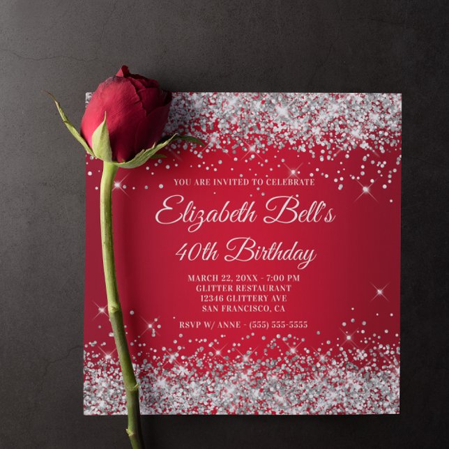 Convite Aniversário de 40 anos de Ombre Vermelho brilhante (Sparkly Silver Glitter Red Ombre Birthday Invitation)
