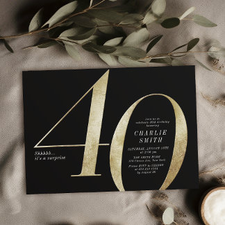Convite Aniversário de 40 anos de ouro e preto minimalista