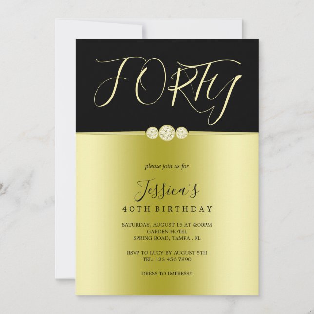 Convite Aniversário de 40 anos de Ouros Elegantes Dourados (Frente)