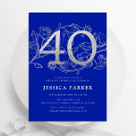 Convite Aniversário de 40 anos de prata azul Elegante<br><div class="desc">Elegante convite para a festa de 40 anos de prata azul real. Design feminina moderna personalizável, com sotaques botânicos rosas e prata brilhante fraca. Simples cartão de convite floral perfeito para uma comemoração de um na moda. Personalize com seus próprios detalhes. Impressos convites Zazzle ou modelo de impressão digital instantânea...</div>