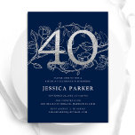 Convite Aniversário de 40 anos de Prata Azul Elegante do M<br><div class="desc">Convite de festas marinho azul-prateado Elegante. Design feminina moderna personalizável,  com sotaques botânicos rosas e prata brilhante fraca. Simples cartão de convite floral perfeito para uma comemoração de um na moda. Personalize com seus próprios detalhes. Impressos convites Zazzle ou modelo de impressão digital instantânea para download.</div>