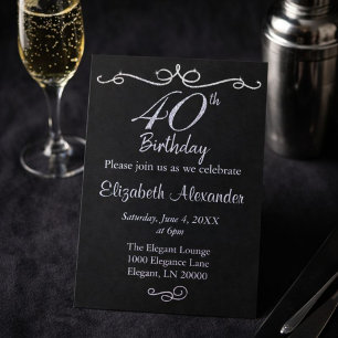 Convite Aniversário de 40 anos de prata e preto elegante
