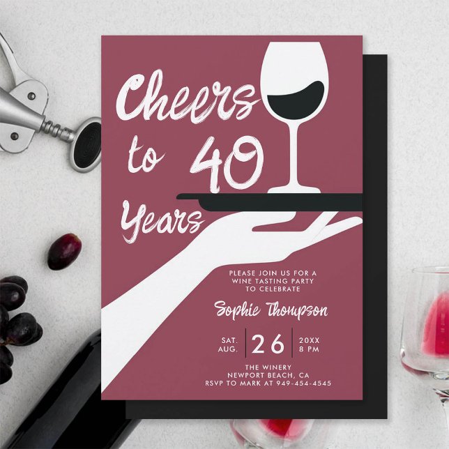 Convite Aniversário de 40 anos de Provando de Vinho Elegan (wine tasting 40th birthday invitation for women winery vintage retro burgundy red elegant casual)