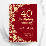 Convite Aniversário de 40 anos de Rosas Dourados Elegante<br><div class="desc">Convite de festas de aniversário de 40 anos floral de ouro vermelho. Design elegante com rosas, folha de ouro falsa e letra de script de tipografia. A Trendy convida o cartão perfeito para uma festa de na moda. Pode ser personalizado para qualquer idade. Impressos convites Zazzle ou modelo de impressão...</div>