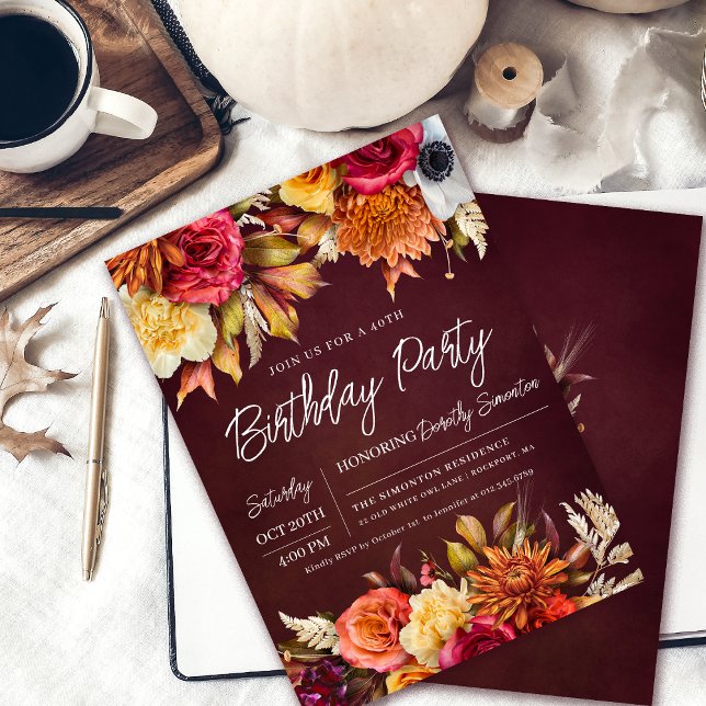 Convite Aniversário de 40 anos de Script Chic de Flores de (Colorful 40th birthday party invitation. Earth colors make it perfect for a fall celebration. )