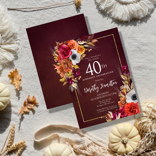 Convite Aniversário de 40 anos de Script Elegante de Flore (Bold Fall Floral 40th Birthday Invitation. Available in Paper or Digital Download)