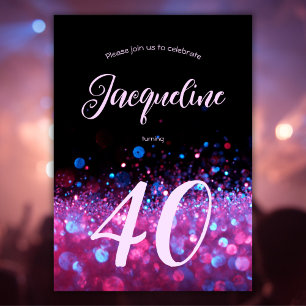 Convite Aniversário de 40 anos de Script Glitter Rosa Neon