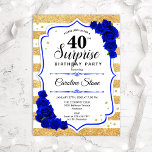 Convite Aniversário de 40 anos de Surpresa - Azul Branco D<br><div class="desc">Convite para aniversário de 40 anos surpresa. Branco feminino,  design azul real com ouro brilhante falso. Apresenta faixas,  rosas azuis safiras,  fonte de script e confetti. Perfeito para uma bolsa mensageifesta de aniversario elegante. Pode ser personalizado para mostrar qualquer idade. Envie-me uma mensagem se precisar de mais personalização.</div>