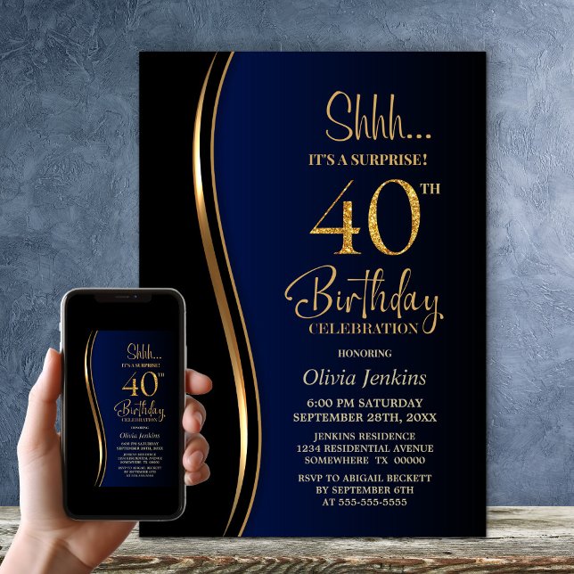 Convite Aniversário de 40 anos de Surpresa Azul Dourado Pr (Criador carregado)