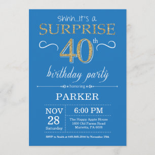 Convite Aniversário de 40 anos de surpresa azul e Dourado