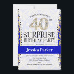 Convite Aniversário de 40 anos de Surpresa - Azul Real Dou<br><div class="desc">Convite de festas de aniversário de 40 anos surpresa para mulheres. Cartão de convite elegante em azul real,  branco e ouro brilhante falso. Apresenta letra de script de tipografia e letras de diamante. Perfeito para uma festa surpresa de dia adulto.</div>