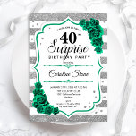 Convite Aniversário de 40 anos de Surpresa Branca de Prata<br><div class="desc">Convite de festas de aniversário de 40 anos surpresa. Design verde feminina com prata brilhante falso. Possui faixas brancas e prateadas, rosas, fontes de script e confetti. Perfeito para uma elegante comemoração de aniversário feminina. Pode ser personalizado para mostrar qualquer idade. Impressos convites Zazzle ou modelo de impressão digital instantânea...</div>