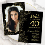 Convite Aniversário de 40 anos de Surpresa de Foto Dourada<br><div class="desc">Convite de festas Elegante de aniversário de 40 anos de surpresa preto e dourado com sua foto na parte traseira da placa. A moderna design feminina moderna tem sotaques botânicos e letra de script de tipografia. Simples cartão de convite floral perfeito para uma festa surpresa na moda. Pode ser personalizado...</div>