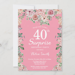 Convite Aniversário de 40 anos de Surpresa de Peonias Rosa