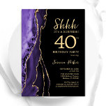 Convite Aniversário de 40 anos de Surpresa Dourada de Agat<br><div class="desc">Convite de festas de aniversário de 40 anos surpresas roxo, preto e dourado. Elegante design moderno com aquarela agate marble geode background, faux glitter gold e typografia script font. Trendy convida o cartão perfeito para uma comemoração de dia das mulheres na moda. Impressos convites Zazzle ou modelo de impressão digital...</div>