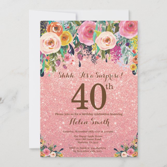 Convite aniversário de 40 anos de Surpresa Floral de Rosa  (Frente)
