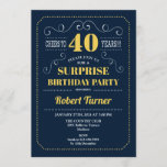 Convite Aniversário de 40 anos de surpresa - Marinho Doura<br><div class="desc">Aniversário de 40 anos de Convite surpresa design de marinho de retro Elegante azul e amarelo. Saúde para 40 anos! Pode ser personalizado para mostrar qualquer idade.</div>