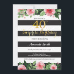 Convite aniversário de 40 anos de Surpresa Mulheres com Co<br><div class="desc">Convite para aniversário de 40 anos surpresa para mulheres. Convidar Festa de aniversário Preta e Dourada. Dourada Glitter. Flor Floral Cor de Água Rosa. Black and White Stripes. Digital Imprimível.
Para mais personalização,  clique no botão "Personalizar" e use a ferramenta design para modificar este modelo.</div>